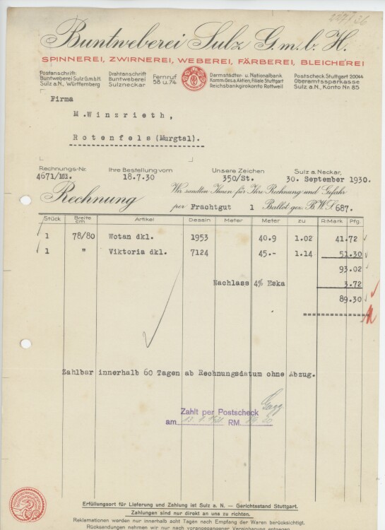 Firma M. Winzrieth (Kaufhaus) - Rechnung - 30.09.1930