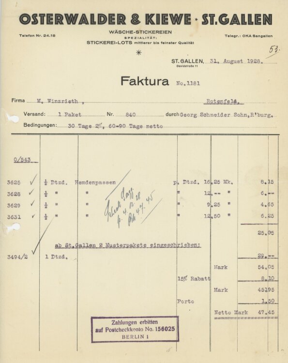Firma M. Winzrieth (Kaufhaus) - Rechnung - 31.08.1928