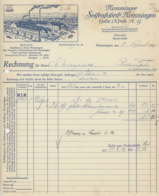 Firma M. Winzrieth (Kaufhaus) - Rechnung - 10.08.1928