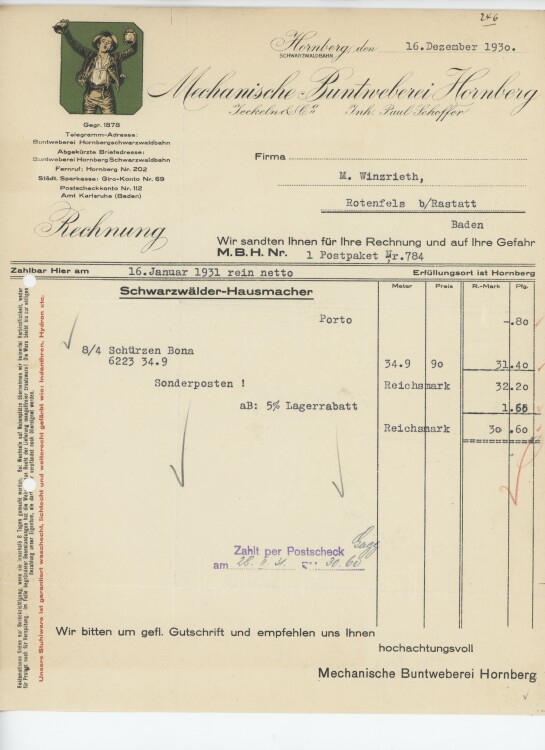 Firma M. Winzrieth (Kaufhaus) - Rechnung - 16.12.1930