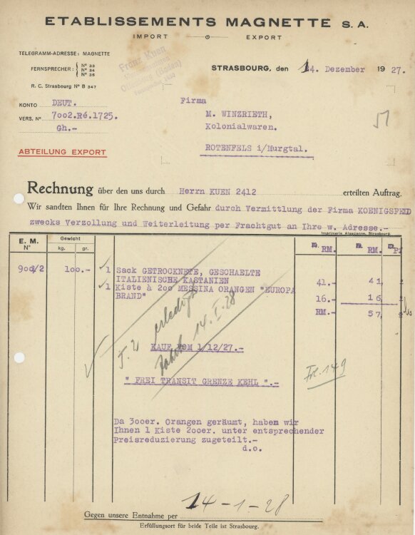 Firma M. Winzrieth (Kaufhaus) - Rechnung - 01.12.1927