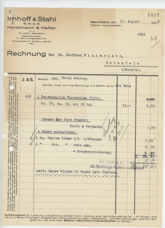 Firma M. Winzrieth (Kaufhaus) - Rechnung - 17.08.1928