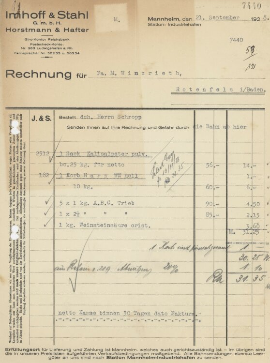 Firma M. Winzrieth (Kaufhaus) - Rechnung - 21.09.1928