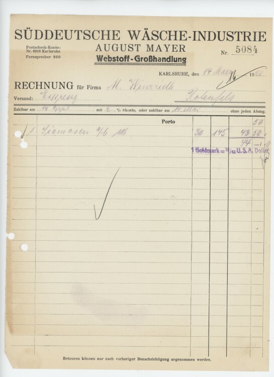 Firma M. Winzrieth (Kaufhaus) - Rechnung - 14.03.1928