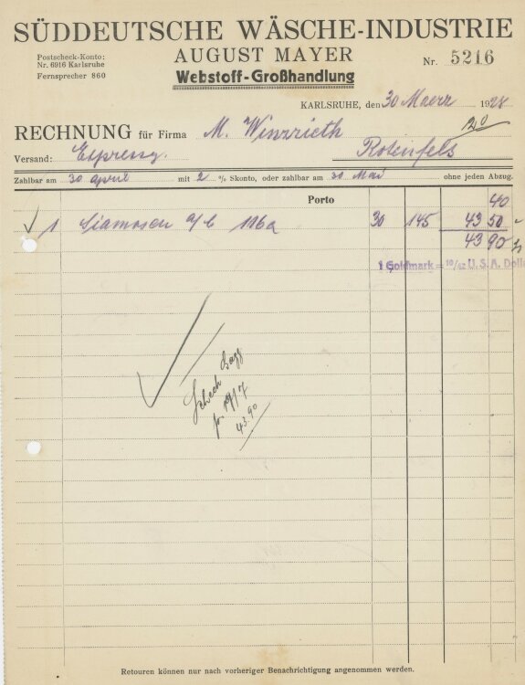 Firma M. Winzrieth (Kaufhaus) - Rechnung - 30.03.1928
