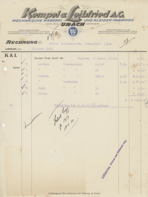 Firma M. Winzrieth (Kaufhaus) - Rechnung - 16.03.1928