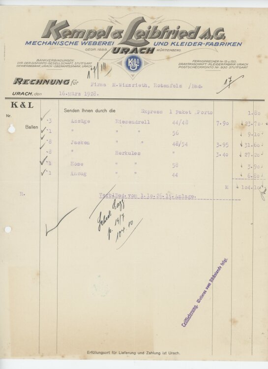 Firma M. Winzrieth (Kaufhaus) - Rechnung - 16.03.1928
