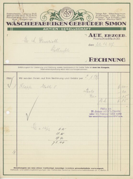 Firma M. Winzrieth (Kaufhaus) - Rechnung - 22.12.1927