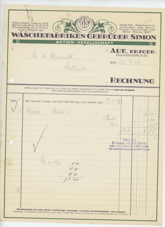Firma M. Winzrieth (Kaufhaus) - Rechnung - 22.12.1927