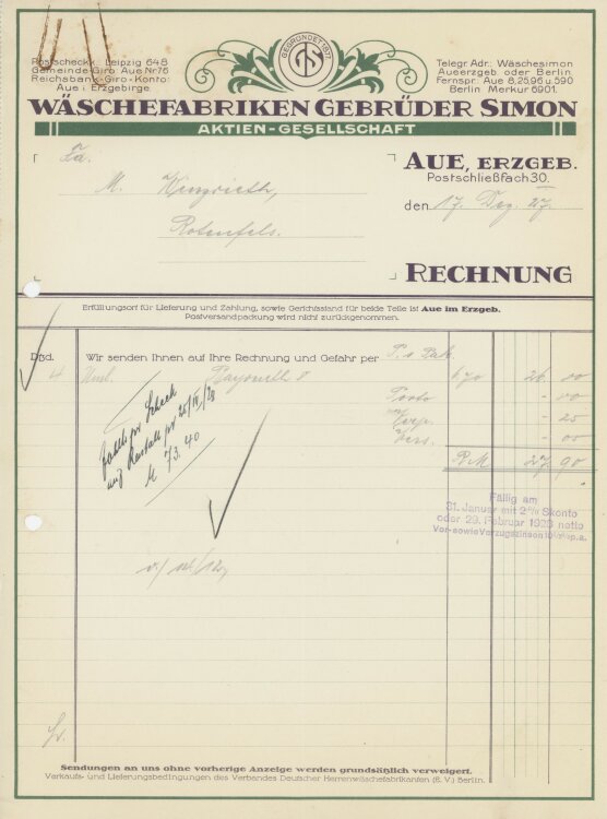 Firma M. Winzrieth (Kaufhaus) - Rechnung - 17.12.1927