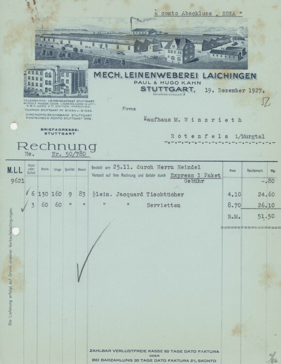 Firma M. Winzrieth (Kaufhaus) - Rechnung - 19.12.1927
