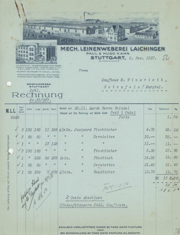 Firma M. Winzrieth (Kaufhaus) - Rechnung - 09.12.1927