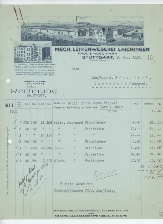 Firma M. Winzrieth (Kaufhaus) - Rechnung - 09.12.1927