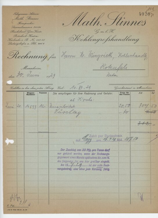 Firma M. Winzrieth (Kaufhaus) - Rechnung - 10.07.1929