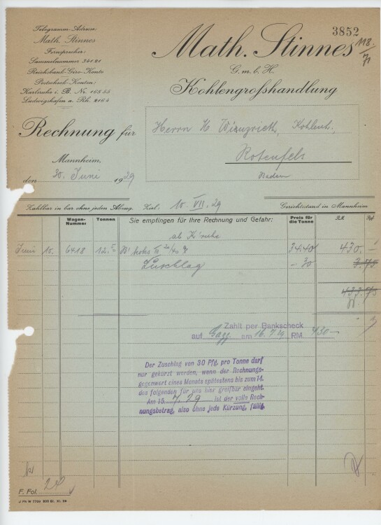 Firma M. Winzrieth (Kaufhaus) - Rechnung - 30.06.1929