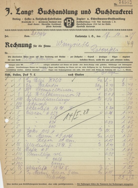 Firma M. Winzrieth (Kaufhaus) - Rechnung - 17.10.1927