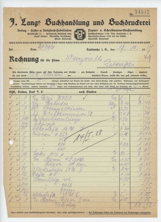 Firma M. Winzrieth (Kaufhaus) - Rechnung - 17.10.1927