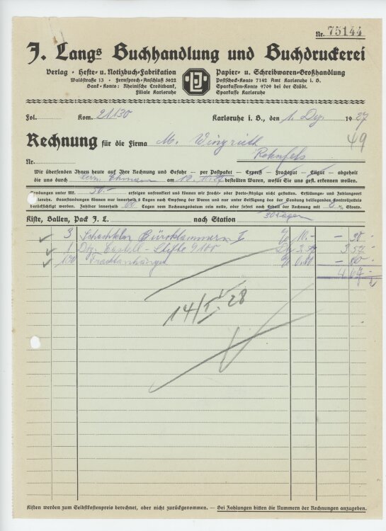 Firma M. Winzrieth (Kaufhaus) - Rechnung - 01.12.1927