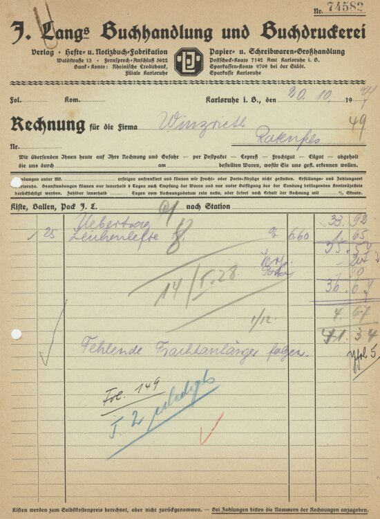 Firma M. Winzrieth (Kaufhaus) - Rechnung - 20.10.1927