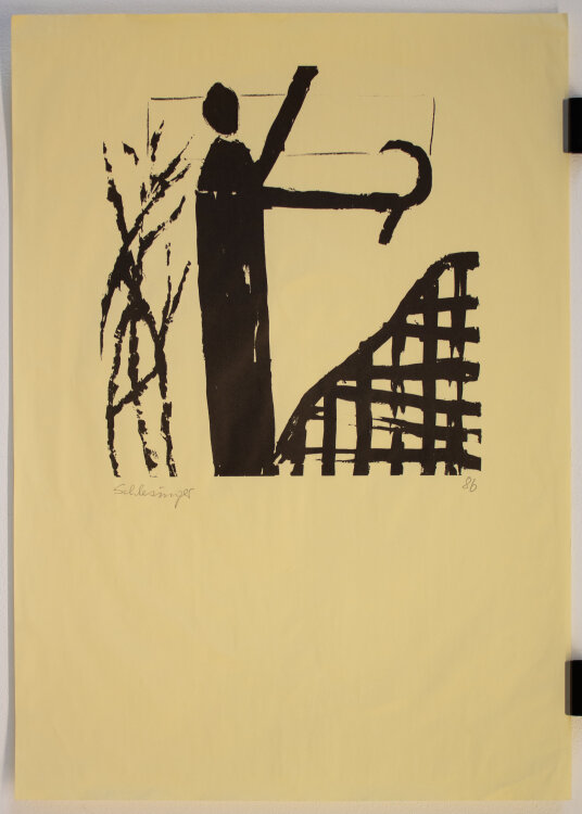 Gil Schlesinger - Figur mit Sichel - 1986 - Offset auf gelbem Papier