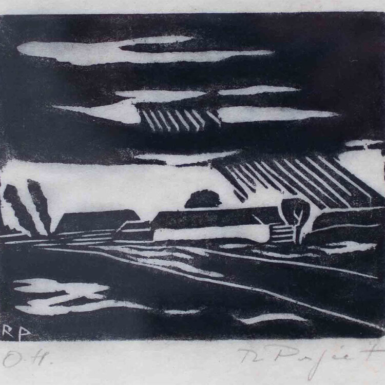 Rudolf Perpeet - Landschaft mit Gehöft - o.J. - Holzschnitt auf Japanpapier