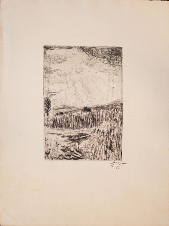 Berthold Martin Herko - Landschaft mit Wiesen und Feldern - 1927 - Radierung auf leichtem Karton