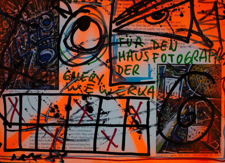 Marcus Krips - Ausstellungsflyer mit Graffiti und Zeichnung - 1985 - Mischtechnik Graffitti