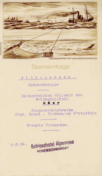 Schlosshotel Alpenrose - Menükarte - 08.08.1934