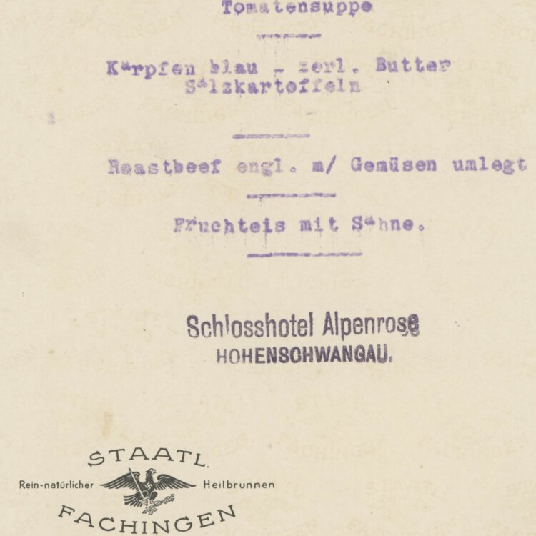 Schlosshotel Alpenrose - Menükarte - 1934