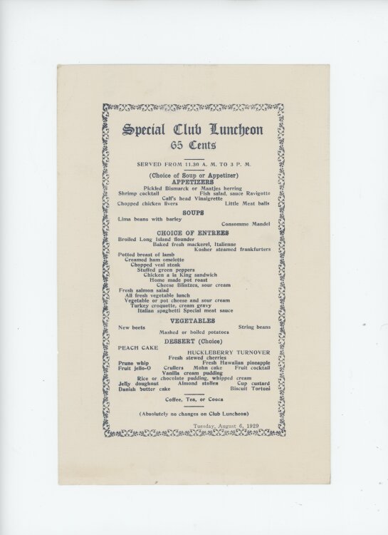 Special Club Luncheon - Menükarte -  06.08.1929