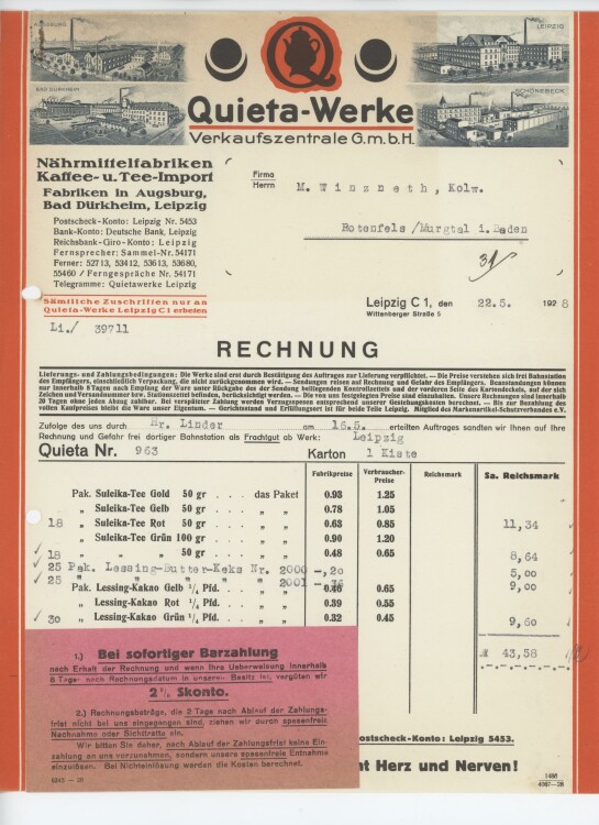 Firma M. Winzrieth (Kaufhaus)an Quieta-Werke Verkaufszentrale GmbH- Rechnung - 22.05.1928