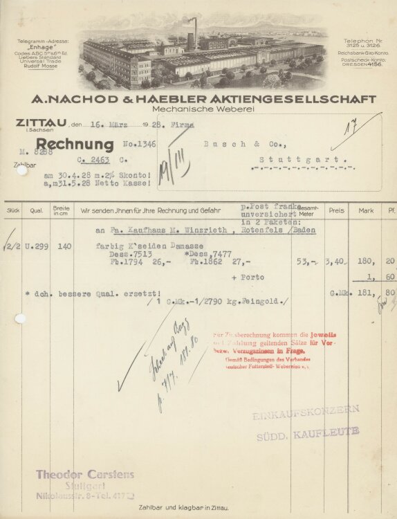 Firma M. Winzrieth (Kaufhaus)an A. Nachod & Haebler Aktiengesellschaft Mechanische Weberei- Rechnung - 16.03.1928