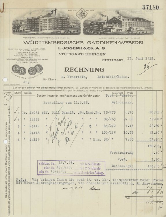 Firma M. Winzrieth (Kaufhaus)an Württembergische Gardinen-Weberei L- Joseph & Co. A.-G.- Rechnung - 13.06.1928