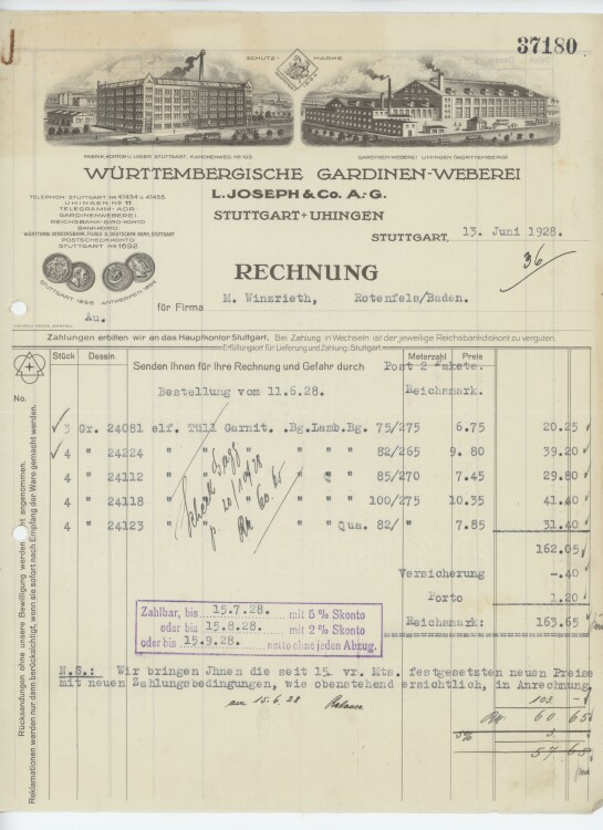 Firma M. Winzrieth (Kaufhaus)an Württembergische Gardinen-Weberei L- Joseph & Co. A.-G.- Rechnung - 13.06.1928
