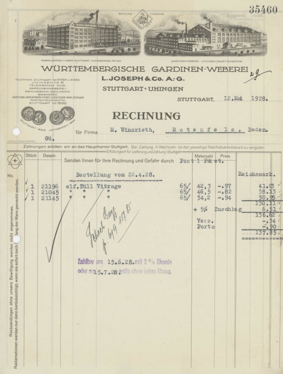 Firma M. Winzrieth (Kaufhaus)an Württembergische Gardinen-Weberei L- Joseph & Co. A.-G.- Rechnung - 12.05.1928