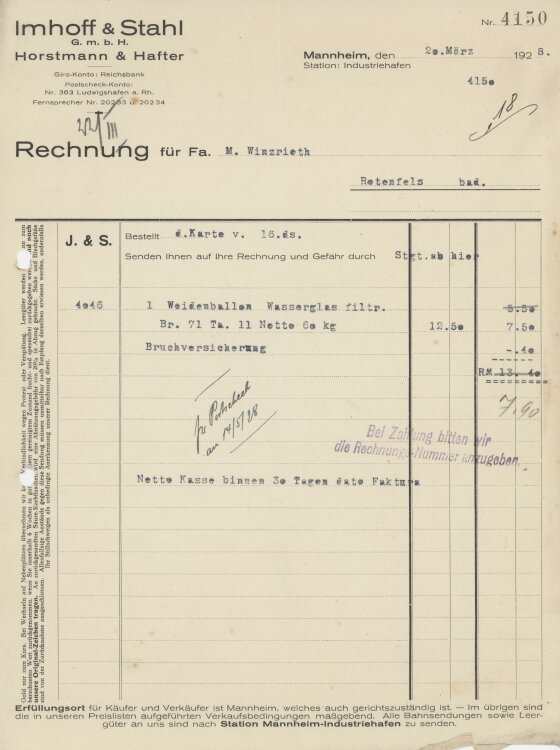 Firma M. Winzrieth (Kaufhaus)an Imhoff & Stahl GmbH- Rechnung - 20.03.1928