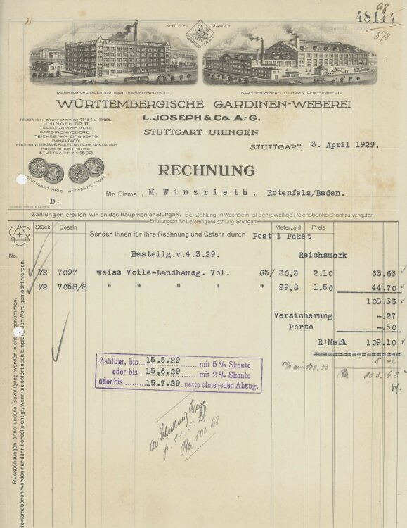 Firma M. Winzrieth (Kaufhaus)an Württembergische Gardinen-Weberei L- Joseph & Co. A.-G.- Rechnung - 03.04.1929