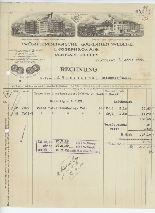 Firma M. Winzrieth (Kaufhaus)an Württembergische Gardinen-Weberei L- Joseph & Co. A.-G.- Rechnung - 03.04.1929