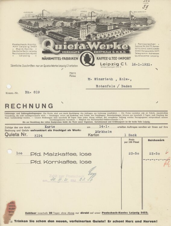 Firma M. Winzrieth (Kaufhaus)an Quieta-Werke Verkaufszentrale GmbH- Rechnung - 16.01.1931