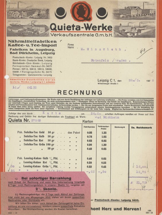 Firma M. Winzrieth (Kaufhaus)an Quieta-Werke Verkaufszentrale GmbH- Rechnung - 28.06.1928