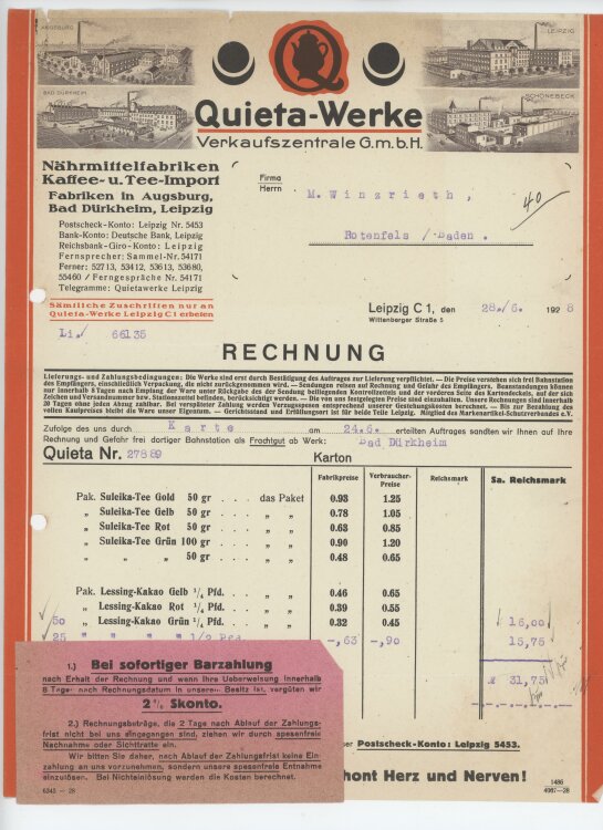 Firma M. Winzrieth (Kaufhaus)an Quieta-Werke Verkaufszentrale GmbH- Rechnung - 28.06.1928