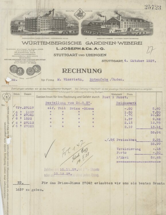 Firma M. Winzrieth (Kaufhaus)an Württembergische Gardinen-Weberei L- Joseph & Co. A.-G.- Rechnung - 04.10.1927