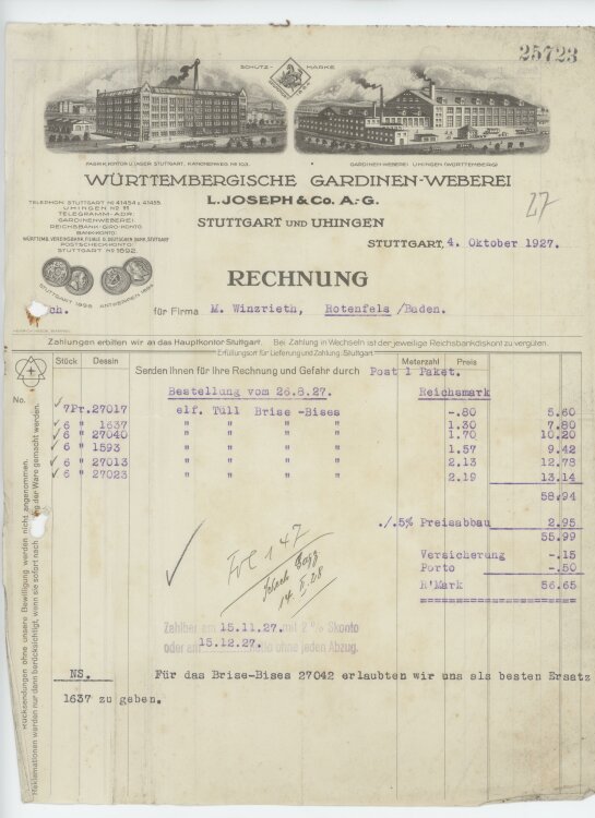 Firma M. Winzrieth (Kaufhaus)an Württembergische Gardinen-Weberei L- Joseph & Co. A.-G.- Rechnung - 04.10.1927
