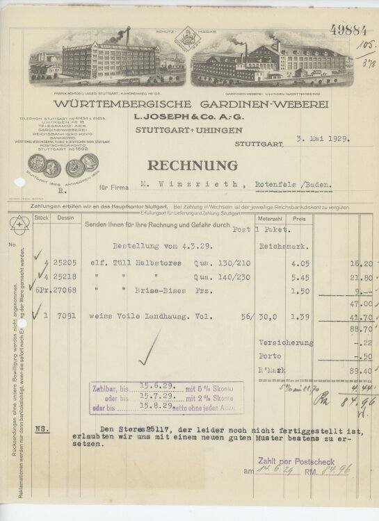 Firma M. Winzrieth (Kaufhaus)an Württembergische Gardinen-Weberei L- Joseph & Co. A.-G.- Rechnung - 03.05.1929
