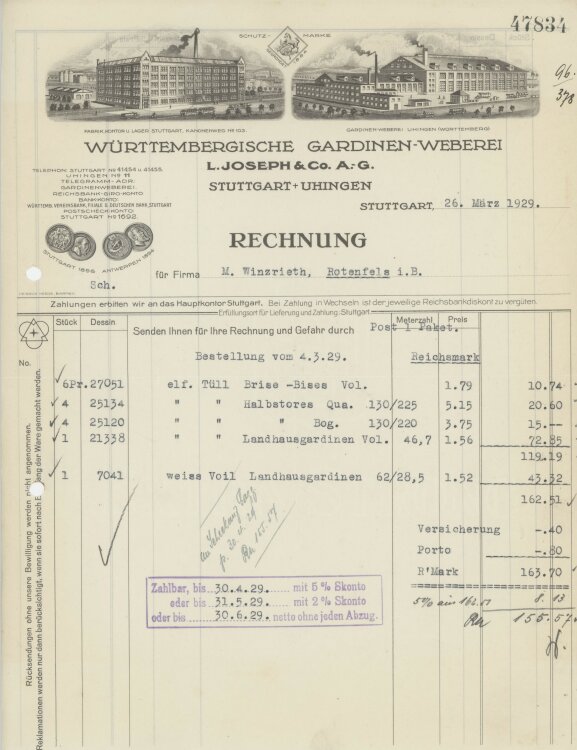 Firma M. Winzrieth (Kaufhaus)an Württembergische Gardinen-Weberei L- Joseph & Co. A.-G.- Rechnung - 26.03.1929