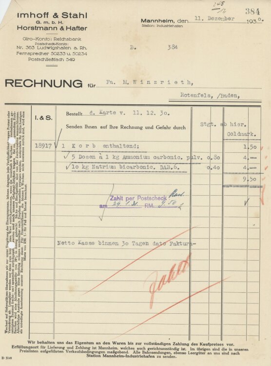 Firma M. Winzrieth (Kaufhaus)an Imhoff & Stahl GmbH- Rechnung - 11.12.1930