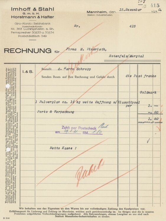 Firma M. Winzrieth (Kaufhaus)an Imhoff & Stahl GmbH- Rechnung - 15.12.1930