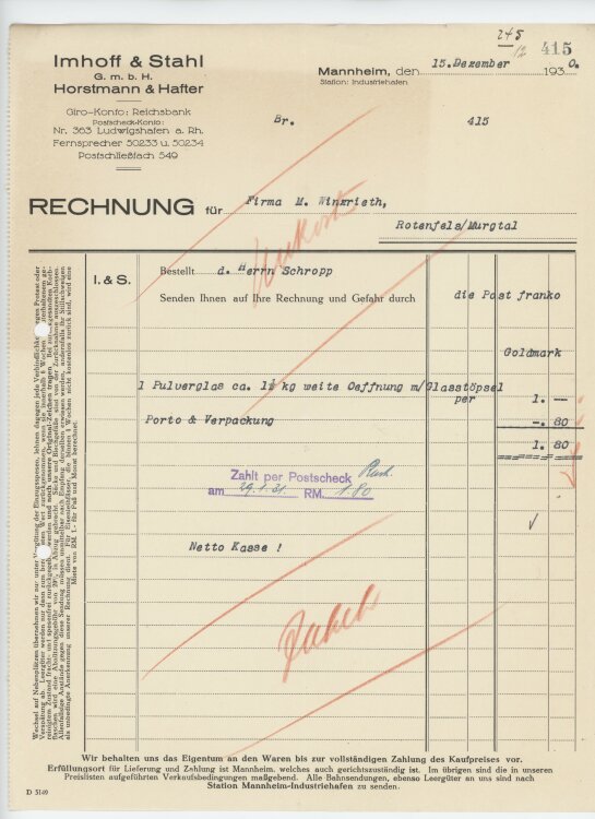 Firma M. Winzrieth (Kaufhaus)an Imhoff & Stahl GmbH- Rechnung - 15.12.1930