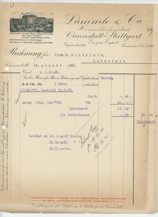 Firma M. Winzrieth (Kaufhaus)an Lämmle & Cie Herrenkleiderfabrik- Rechnung - 14.08.1928
