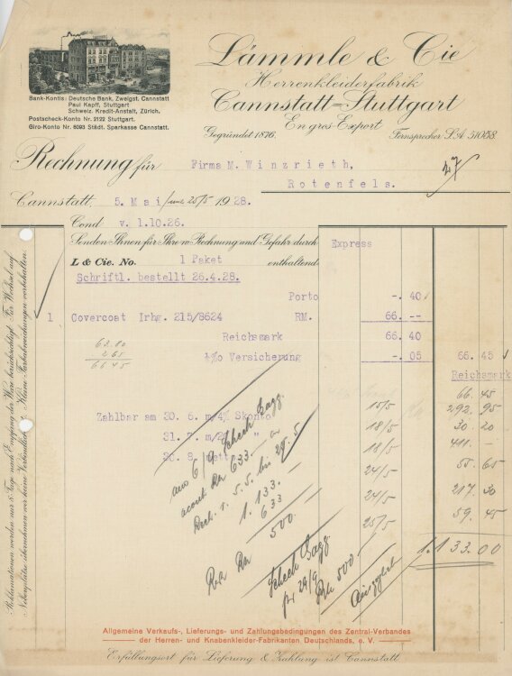 Firma M. Winzrieth (Kaufhaus)an Lämmle & Cie Herrenkleiderfabrik- Rechnung - 05.05.1928